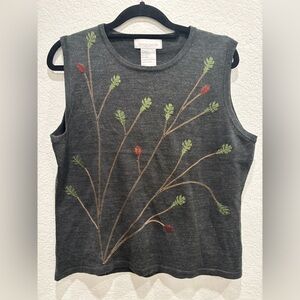 Vintage Pierre Cardin gray wool blend sleeveless sweater vest floral embroidery